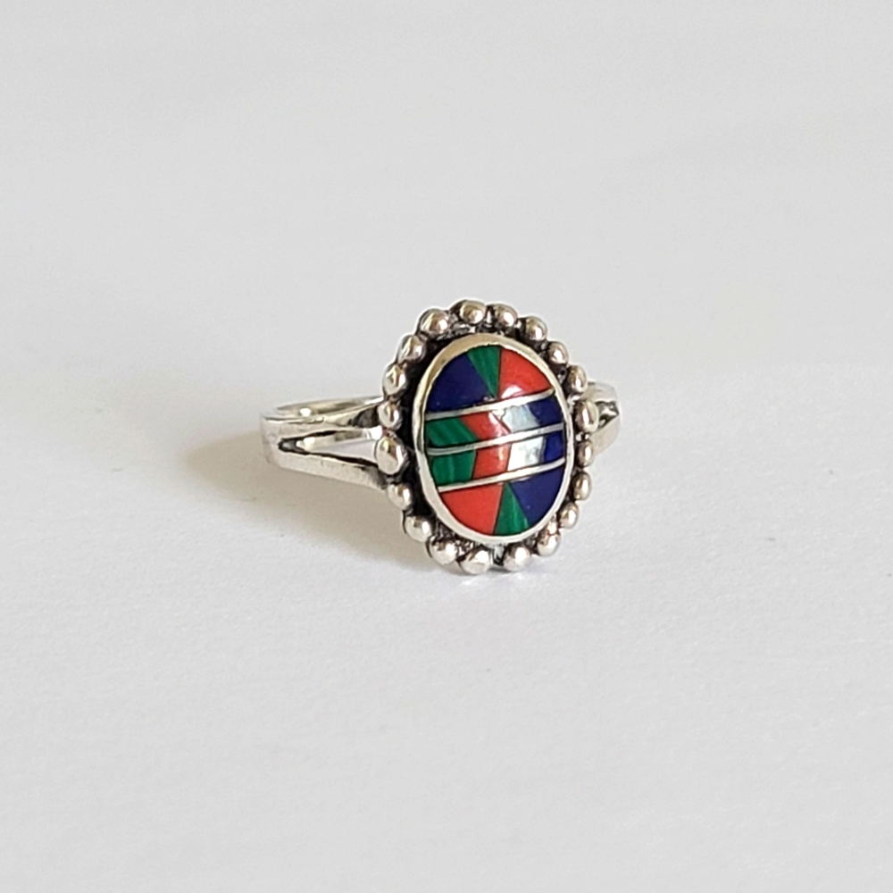 Vintage Boho Navajo Sterling Silver Inlaid Coral Lapis Malachite Mosaic Ring 5